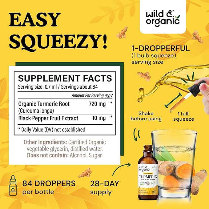 Wild & Organic Turmeric Curcumin Supplement with Black Pepper - Movement & Immune Support - Liquid Turmeric Curcumin with Black Pepper - Add to Tea Drops - Vegan, Sugar & Alcohol-Free Tincture - 2 oz