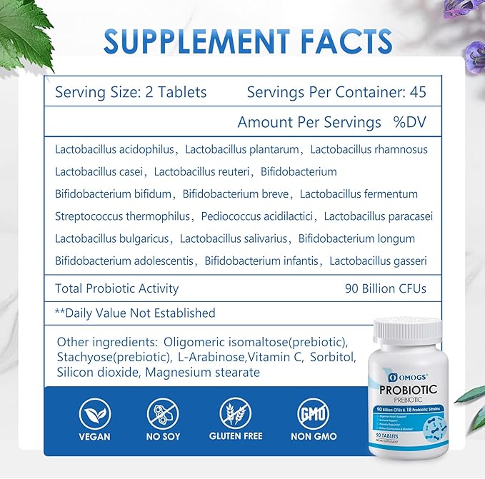 OMOGS Probiotics 90 Billion CFUs 18 Strains,with 3 Organic Prebiotics & Vitamin C,Nutritional Supplement for Women,Men & Kids,Support Metabolism,Immunity and Digestive Health,Non-GMO, 90 Tablets