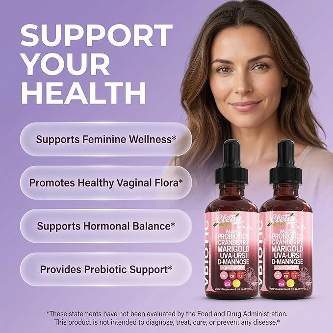 VBiotic Vaginal Probiotic for Women Liquid Drops | Womens Probiotics | Cranberry Uva Ursi Horsetail D-Mannose Prebiotics Marigold & Black Cohosh Vaginal Health Supplement | pH Balance | By Clean Nutra