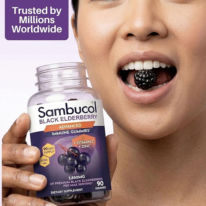 Sambucol Elderberry Gummies - Immune Support Supplement for Adults & Kids with Vitamin C & Zinc, Sambucol Elderberry are High in Antioxidants, Gluten Free, Vegan - 90 Count