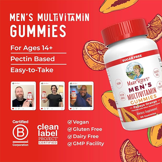 MaryRuth's Multivitamin Gummies for Men | Vitamin A, C, D, E, B6, B12, Biotin, Zinc | Energy Metabolism | Immunity | Bone Health | Cellular Health | Vegan | Non-GMO | Gluten & Sugar Free | 60 Count