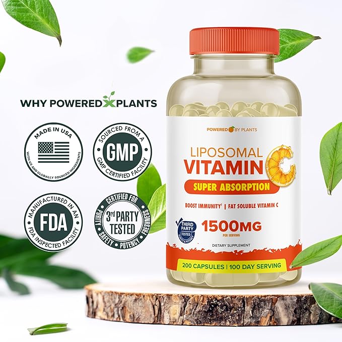 Liposomal Vitamin C Capsules - 1500mg Buffered High Absorption Vitamin C Supplement & Collagen Booster - Fat Soluble Immunity Support Ascorbic Acid Supplement 200 Vegan Capsules