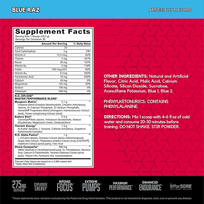 BSN N.O.-XPLODE Pre Workout Powder, Energy Supplement for Men and Women with Creatine and Beta-Alanine, Blue Raz, 30 Servings, 1.2 Pound (Packaging May Vary)