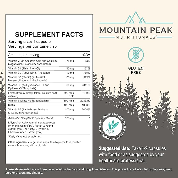 Mountain Peak Adrenal B Complex - Cortisol Support w/Ashwagandha, Vitamin B6, B12 & C - Helps Support Stress Levels - Encodcrine & Nervous System Support Supplement (90 Vegetarian Capsules)