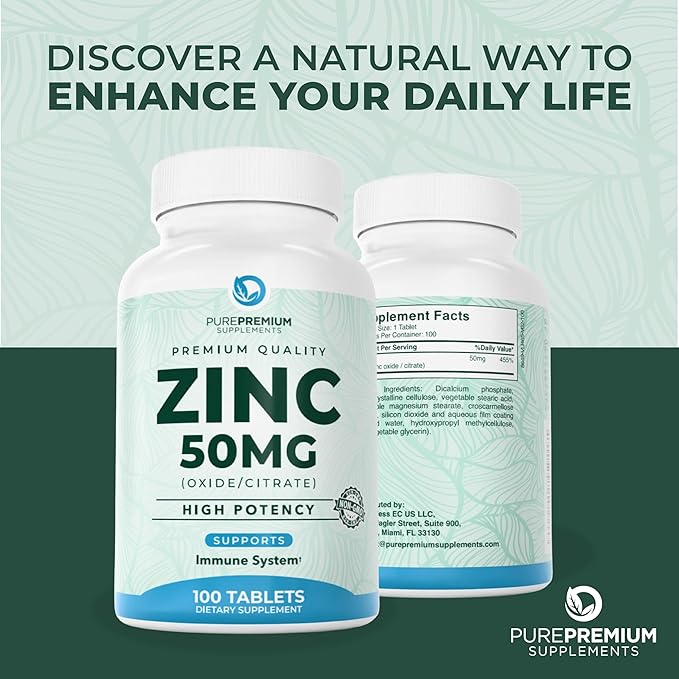 PurePremium Natural Zinc 50mg Supplements for Men/Women - GMP-Certified High Potency Vitamin Zinc Citrate/Oxide for Adults, Immune Antioxidant, Energy Support - 100 Tablets