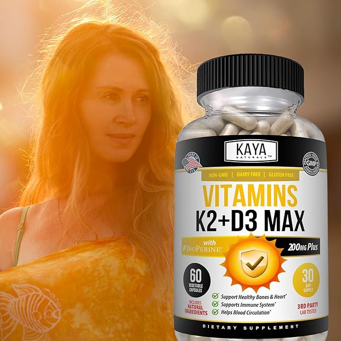 Kaya Naturals Vitamins K2 with D3 5000IU Supplement for Men and Women - Easy to Swallow - Bioperine Capsules (60 Count (Pack of 1)