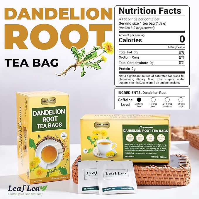 LeafLea 40 Dandelion Root Tea Bags, Dandelion Tea Supports Wellness and a Balanced Lifestyle, Natural Dried Dandelion Root, Vegan, No Sugar, Caffeine-Free