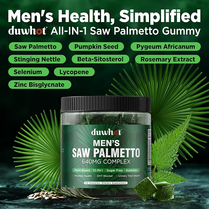 Saw Palmetto Gummies for Men, Organic Saw Palmetto with Pumpkin Seed Oil for Men Overall Health, Enhanced with Pygeum, Nettle, Sugar-Free, Vegan, 60 Chewables