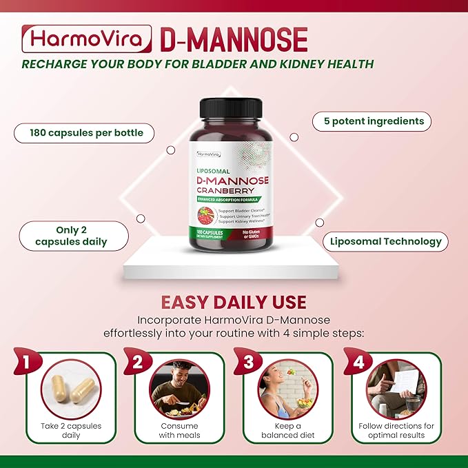 Liposomal D-Mannose Cranberry Supplement – 180 Capsules | Uva Ursi, Hibiscus, Black Pepper | Enhanced Absorption Formula | Non-GMO, Gluten-Free