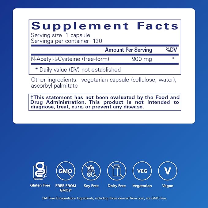 Pure Encapsulations NAC 900 mg - N-Acetyl Cysteine Amino Acid Supplement for Lung & Immune Support, Liver & Antioxidants* - 120 Capsules