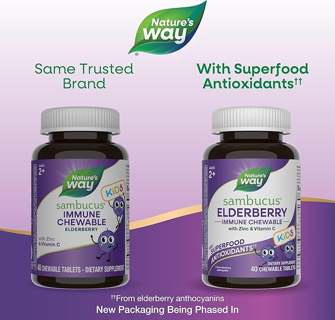 Nature's Way Sambucus Elderberry Immune Chewable for Kids, Ages 2+, Immune Support*, Vitamin C, Zinc, with Superfood Antioxidants(1), Gluten Free, 40 Chewable Tablets (Packaging May Vary)