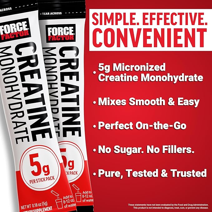 Force Factor Creatine Monohydrate, 5g Micronized Creatine Powder for Muscle Strength, Performance, Recovery and Cognitive Support, On The Go Single Serve Travel Packs, Unflavored, 30 Packets
