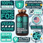Vegan Probiotic Plus B12 & FOS - 22 Billion CFU Synbiotics Prebiotics and Probiotics for Digestive Health, IBS, Mood Support - B12 Pre Pro Post Biotics for Women & Men - 60 Gluten-Free Capsules