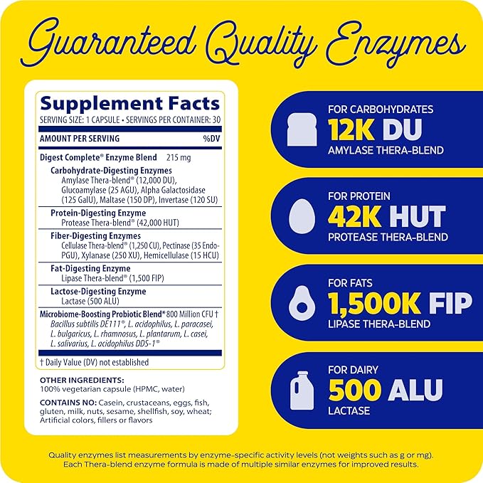 Enzymedica, Digest Complete + Probiotics, Full Range Digestive Enzymes with 800 Million CFU Active Cultures per Capsule, 30 Capsules