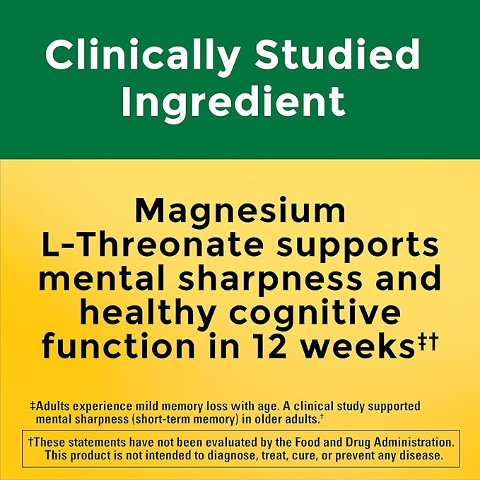 Nature Made Magnesium L-Threonate with Vitamin C & Vitamin D3, Provides 130 mg of Mag from 1800 mg Magnesium L Threonate, Cognitive Support Magnesium-Supplement, 90 Capsules, 30 Day Supply,(Pack of 2)