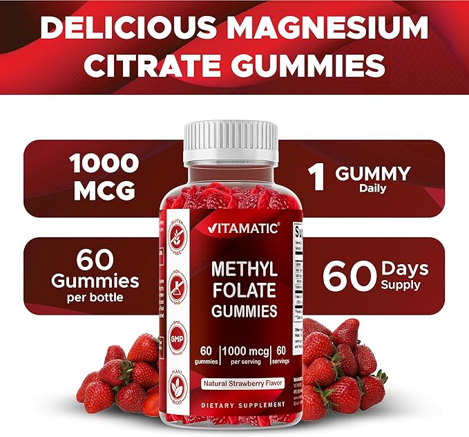 Vitamatic Methylfolate Gummies 1000 mcg – Active 5-MTHF Form – Natural Strawberry Flavor – Vegan, Non-GMO, Gluten Free – 60 Gummies