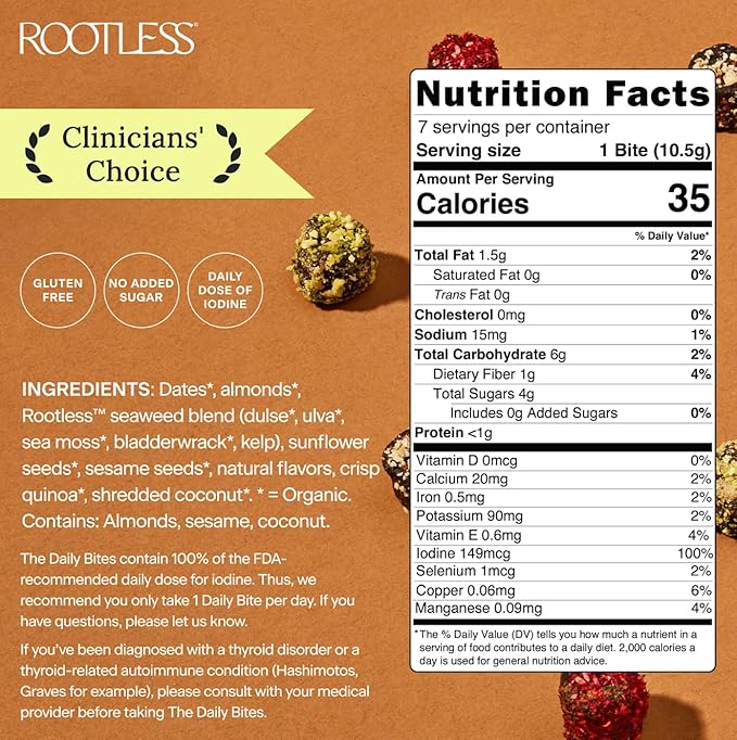 Rootless Seaweed Daily Bites – Coconut Chai – 1 Month Supply for Hormone & Thyroid Health | 100% Daily Iodine, Whole Food Ingredients, No Added Sugar (4 Pack)