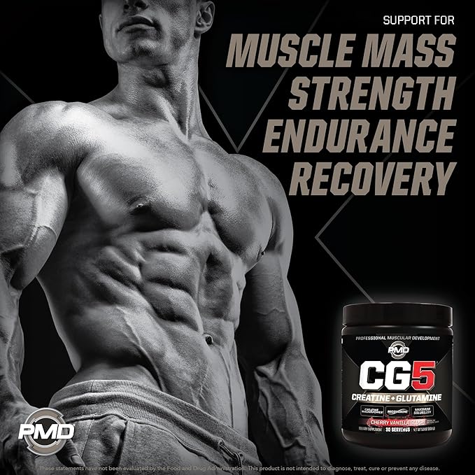 PMD Sports CG5 - Premium Creatine and L Glutamine Powder - Maximum Strength Power Recovery, Build Lean Muscle, Increase Performance - Pre-Workout and Post Workout - Cherry Vanilla Slush (30 Servings)