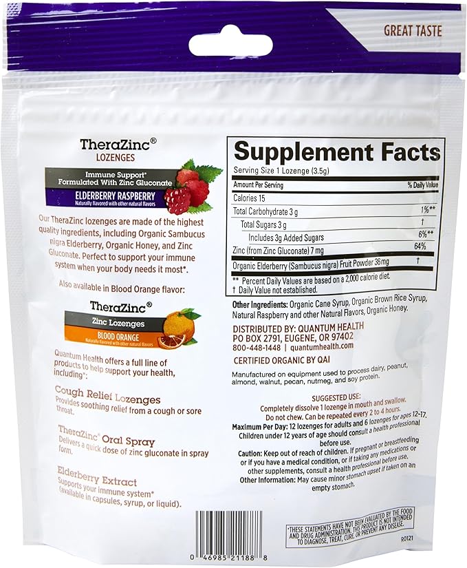 Quantum Health TheraZinc Organic Zinc Lozenges, Elderberry Sambucus Raspberry & Honey, Immune Support for Adults & Kids 12+, Fast Relief, No Aftertaste, 18 Count (Package May Vary) (Pack of 2)