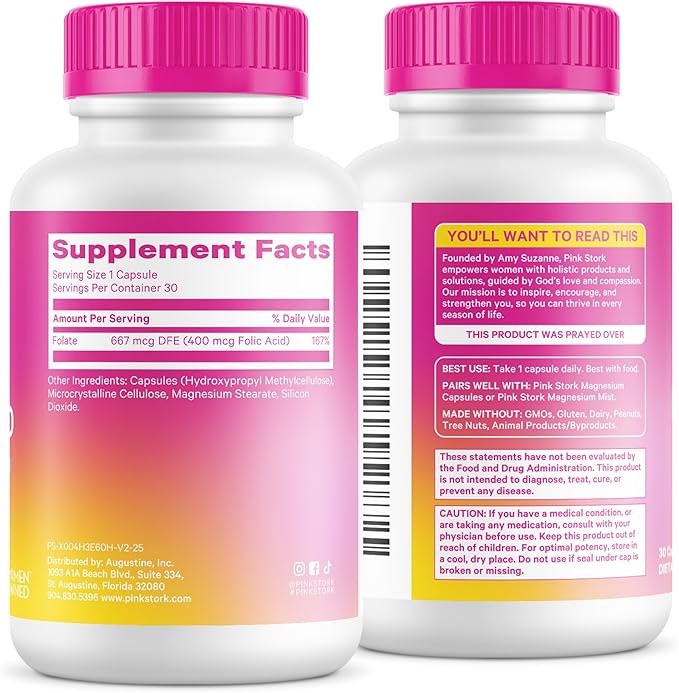 Pink Stork Folic Acid Supplement for Women – 400mcg, Daily Vitamin B9 for Prenatal & Fertility Support, Supports Red Blood Cell Formation & Energy – 30 Vegetarian Capsules