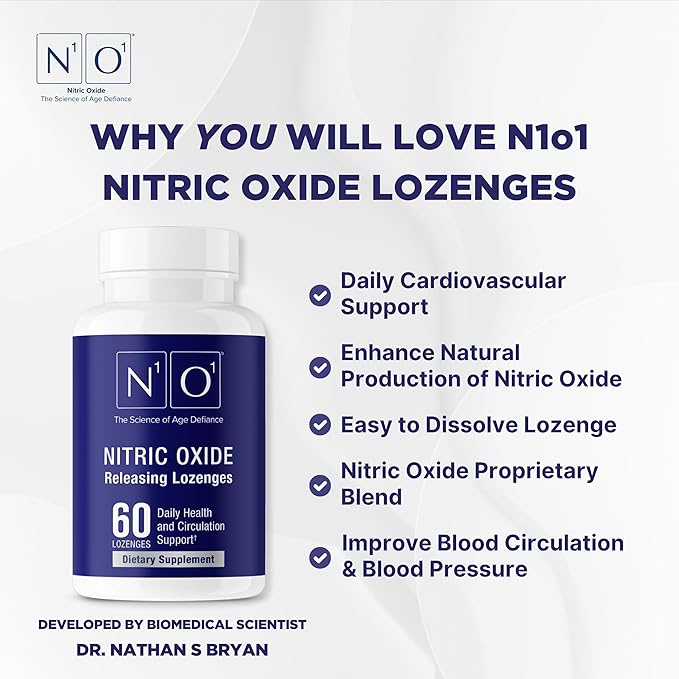 N1O1 Nitric Oxide Lozenges for Heart Health Support - Dietary Supplement for Blood Flow, Oxygenation and Blood Pressure - 180 Count