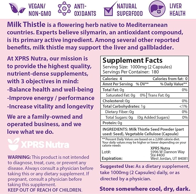 XPRS Nutra Milk Thistle Seed Capsules - 360 Count (6 Month Supply) Premium Milk Thistle Supplement Rich in Silymarin to Support the Liver and Digestion - Pure, Non-GMO Cardo Mariano Pills
