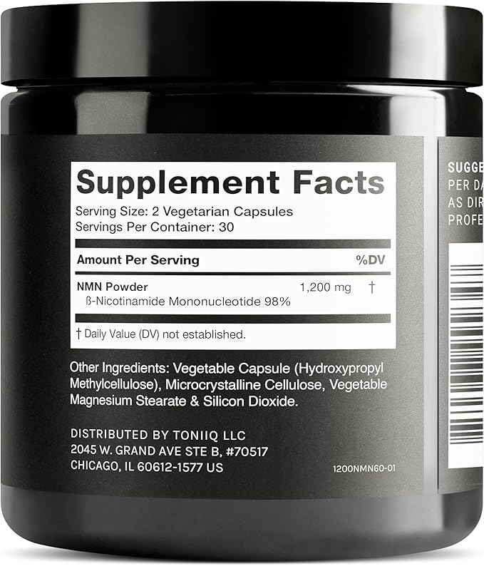 Toniiq NMN Supplement 1200mg - Third Party Tested Stabilized Capsules - 98% Highly Purified for NAD + - 60 Capsules Nicotinamide Mononucleotide Booster Supplement
