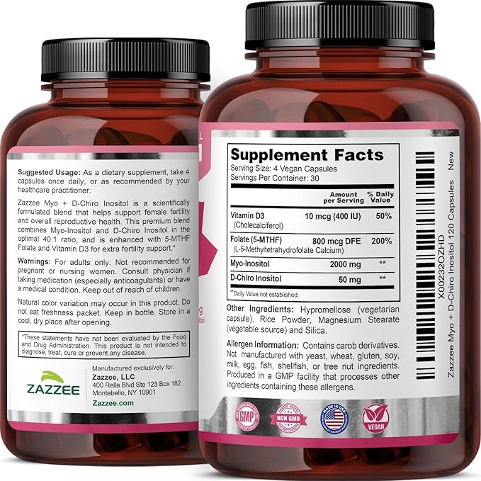 Zazzee Myo & D-Chiro Inositol Ideal 40:1 Ratio with Vitamin D3 & Folate, 120 Vegan Capsules, Hormonal Balance & Cycle Support for Women, Women’s Health Supplement, Non-GMO, Made in the USA