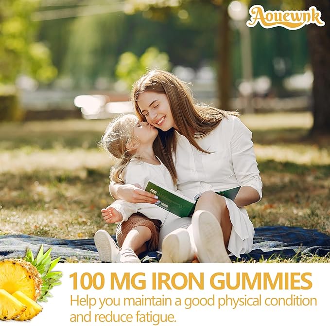 2 Packs 100MG Iron Supplements Gummies for Women & Men - Contains Vitamin C, A, B - Suitable Adults & Kids, Iron Deficiency, Immune & Energy Support, Pineapple Flavor, Non-GMO, 120 Counts