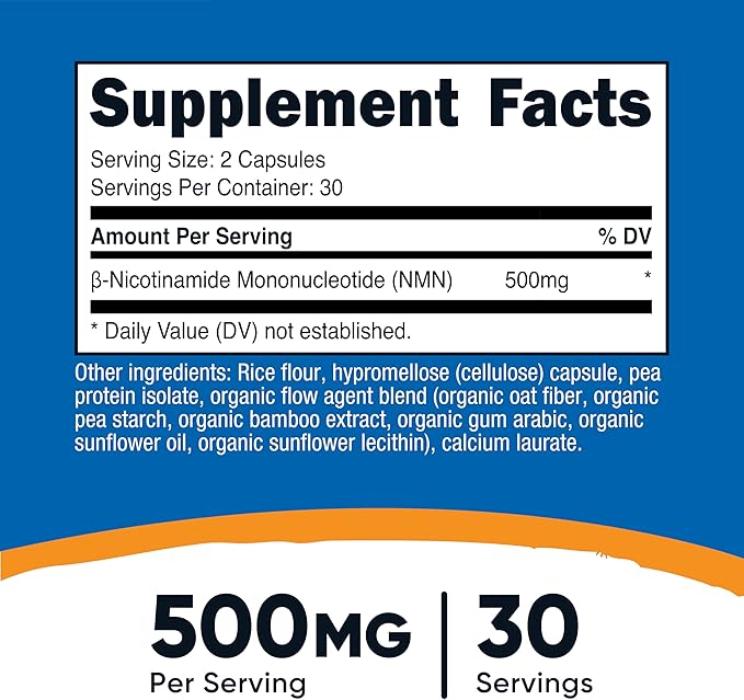 Nutricost NMN (Nicotinamide Mononucleotide) 500mg, 60 Capsules - Vegetarian Friendly, 30 Servings, Gluten Free, GMO Free