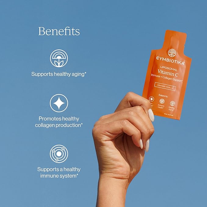 CYMBIOTIKA Liposomal Vitamin C Supplement, Immune Health, Skin Health, Healthy Aging, Enhanced Absorption, Gluten Free, Soy Free, Plant-Based, Orange Vanilla Flavor, 28 x 15 mL Liquid Packets