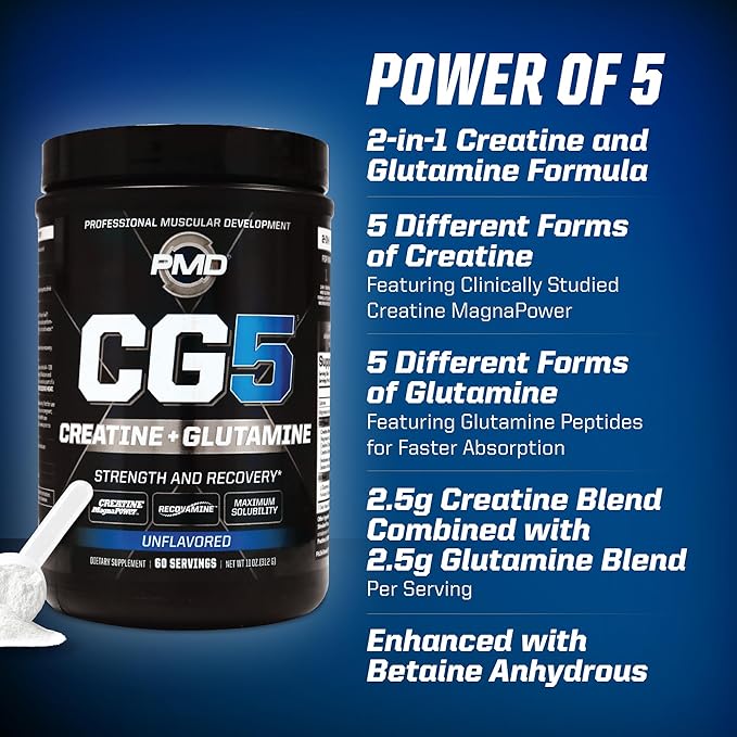 PMD Sports CG5 Premium Creatine & L Glutamine Powder, Power Recovery, Build Lean Muscle, Increase Workout Performance, Maximum Strength Pre Workout & Post Workout, Unflavored, 60 Servings (Pack of 2)