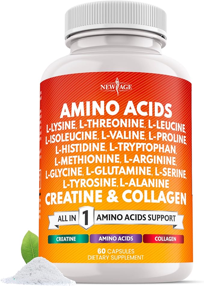 NEW AGE Amino Acids Supplement L-Lysine, L-Threonine, L-Leucine, Isoleucine, Valine, L-Histidine, L-Tryptophan, L-Methionine, L-Arginine, L-Cysteine, L-Glutamine, L-Serine, Aspartic Acid- 60 Count