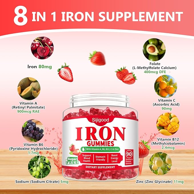180 Count | Iron Supplement for Women,Men & Kids, Iron Gummies for Iron Deficiency & Anemia with Vitamin C B6 B12,Folate-Iron Supplement Support Bl♡♡d Oxygen & Energy Boost, Vegan,Non-GMO &Gluten Free