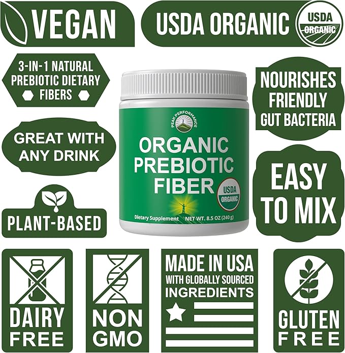 USDA Organic Prebiotic Fiber 3-in-1 Vegan Powder for Gut Health - Raw Whole Food Plant Based Prebiotics Digestive Supplement with Inulin (Jerusalem Artichoke), Acacia Fibers, SunFiber 240g