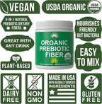 USDA Organic Prebiotic Fiber 3-in-1 Vegan Powder for Gut Health - Raw Whole Food Plant Based Prebiotics Digestive Supplement with Inulin (Jerusalem Artichoke), Acacia Fibers, SunFiber 240g