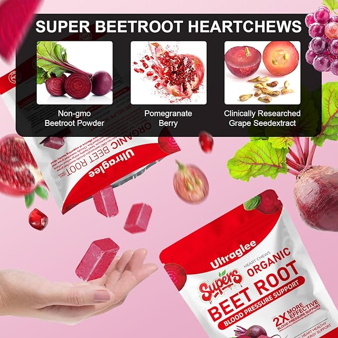 Beet Chews,Beetsroot Heart, Nitric Oxide Support Soft Beets Heart Chews,Grape Seed Extract &Beet Root Powder Energy Supplement,60 (Pomegranate Berry Flavor)
