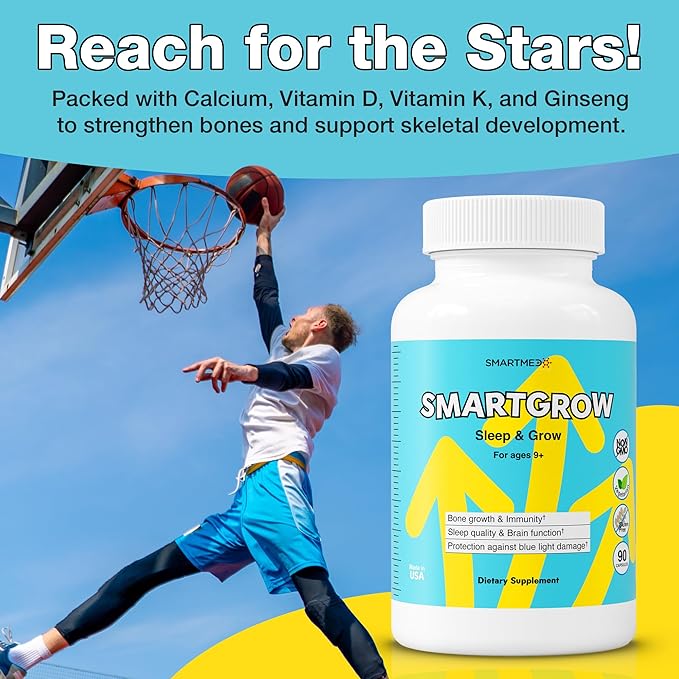 SmartGrow Premium Growth Formula for Teens – Bone, Brain, Sleep & Eye Support – Calcium, Vitamin D3, Amino Acids – Daily Wellness Supplement (180 Capsules) – 3 Month Supply