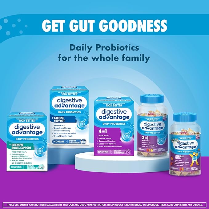 Digestive Advantage Daily Probiotic Gummy for Kids, Multi, Natural Fruit Flavours, 80.0 Count (Pack of 2)