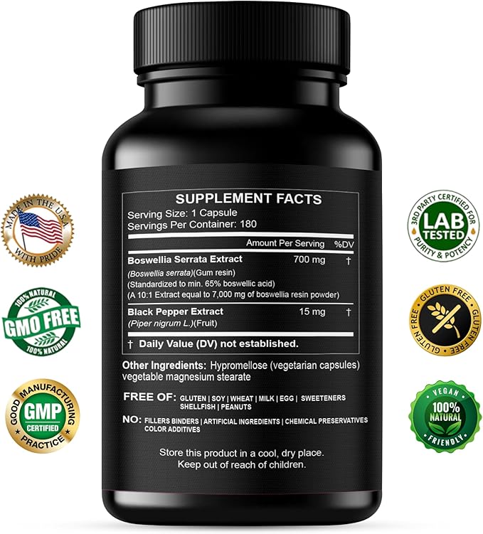 HCL HERBAL CODE LABS Boswellia Serrata Extract Capsules 65% Boswellic Acid 700mg Equal to 7000mg Resin Powder, Extra Strength & Superior Absorption, 6 Month Supply 180 Vegan Capsules Non-GMO