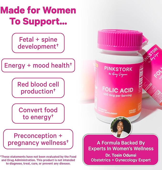 Pink Stork Folic Acid Supplement for Women – 400mcg, Daily Vitamin B9 for Prenatal & Fertility Support, Supports Red Blood Cell Formation & Energy – 30 Vegetarian Capsules