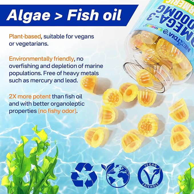 Vegan Omega-3 Gummies 1000mg + Turmeric - Omega 3 Fish Oil Alternative for Adults - Algae DHA 600mg & EPA 300mg, Vitamins A, C, E, Zinc & MSM, Sugar Free, 120 Cts