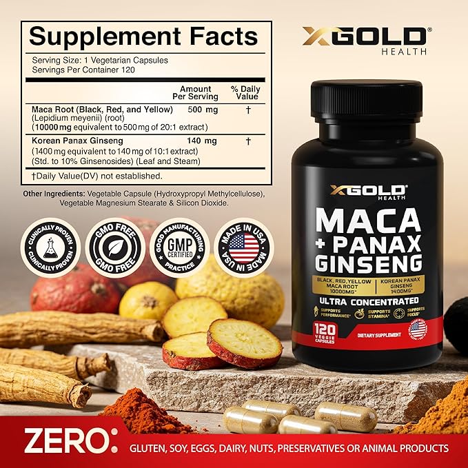 Maca Root Capsules 20:1 Extract + Korean Panax Ginseng10:1 Extract - 20x Concentrated Black + Red + Yellow Maca Root, 10x Concentrated Panax Ginseng Capsules - Ultra Potent & Highly Purified