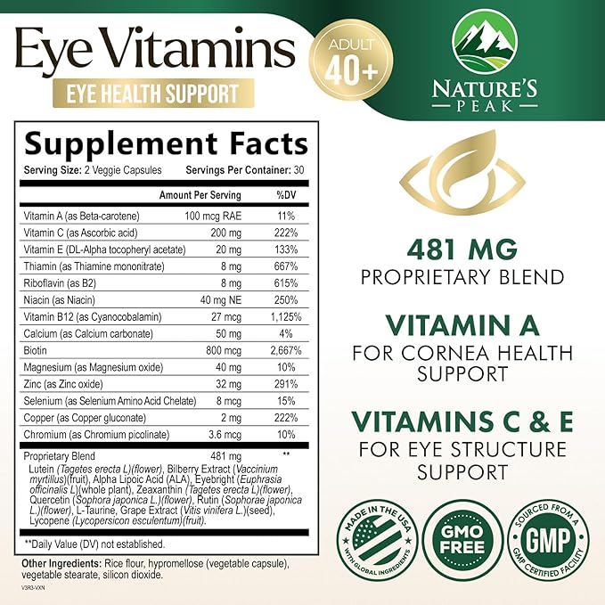 Eye Vitamins Supplements - 3x Strength Eye Health Vitamin with Lutein and Zeaxanthin - Vision Macular Health & Dry Eyes Support With Zinc, Vitamins C E & Minerals, Bottled in USA - 60 Capsules