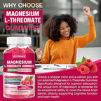 Magnesium L-Threonate Gummies - 2000mg for Brain, Muscle & Nervous System Support. Sugar-Free Raspberry Flavor, 60 Count for Kids & Adults