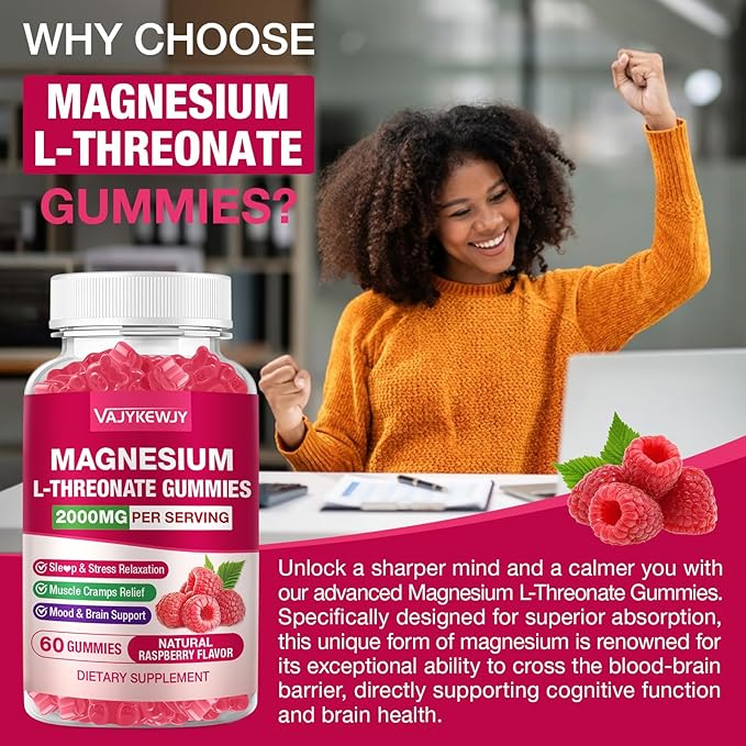 Magnesium L-Threonate Gummies - 2000mg for Brain, Muscle & Nervous System Support. Sugar-Free Raspberry Flavor, 60 Count for Kids & Adults