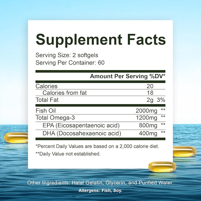 Noor Vitamins Halal Fish Oil, Halal Vitamins, Ultra Omega 3 Wild Peruvian Fish (800 mg EPA & 400 mg DHA) Heart, Brain & Joint Support, Non-GMO and Gluten Free (120 Count)