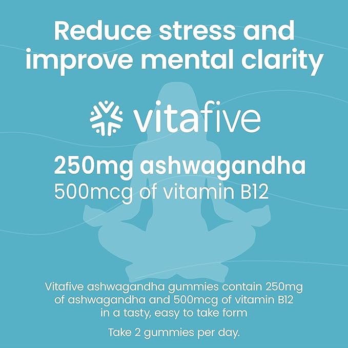 vitafive Ashwagandha Gummies with Vitamin B12, Ashwagandha Gummies for Men and Women, Vegan, Gluten Free (50 Ct)