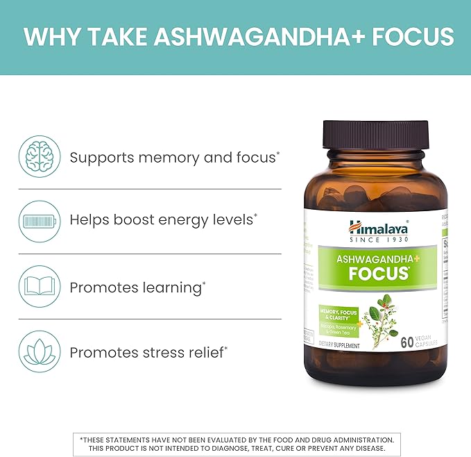 Himalaya Ashwagandha+ Focus - Herbal Focus Supplement with B12, Rosemary, Green Tea, and Bacopa Nootropics for Memory and Clarity - Vegan, Non-GMO, Gluten Free, 1690 mg, 60 Caplets