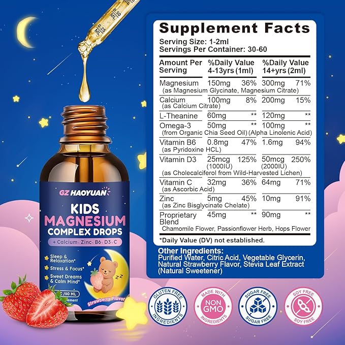 Kids Magnesium Liquid Drops - Magnesium Glycinate Drops for Kids, Citrate Liquid with Calcium, Omega-3, L-theanine, Zinc, Vitamin B6 D3 C for Sleep, Relaxation, Calm & Focus, Strawberry Flavor,4 Fl Oz